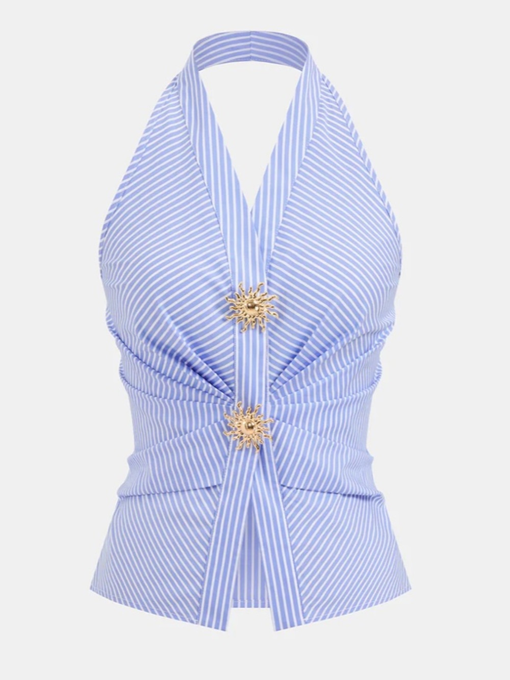 Commense Light Blue Striped Halter Wrap Top with Gold Accents